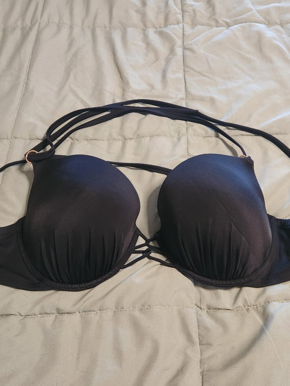 Shade & Shore Swimsuit Bikini Top Black 38 DD Padded Strappy Back Crossover Ties